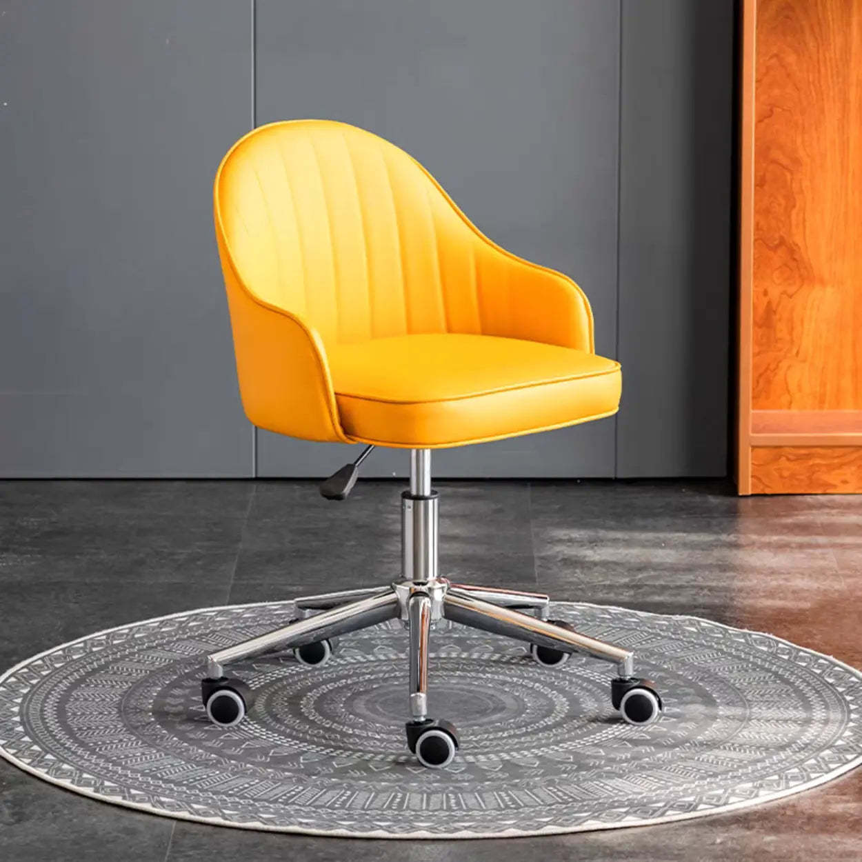 Lighom low-back curved leather office chairs for office — Orange / Casters Included / Silver