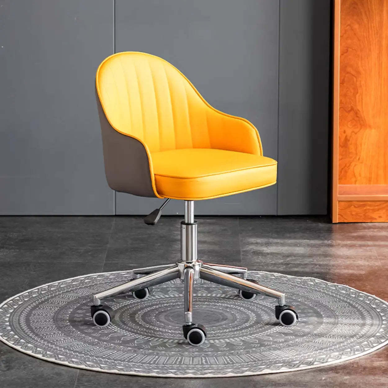 Beige Curved Leather Low-Back Swivel Office Chair