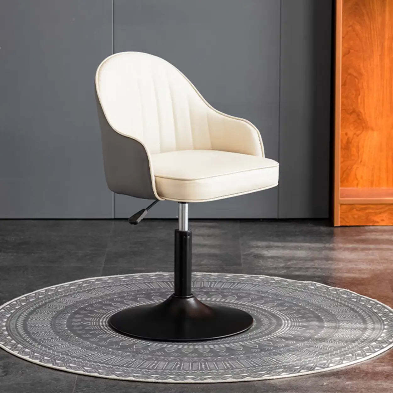 Beige Curved Leather Low-Back Swivel Office Chair