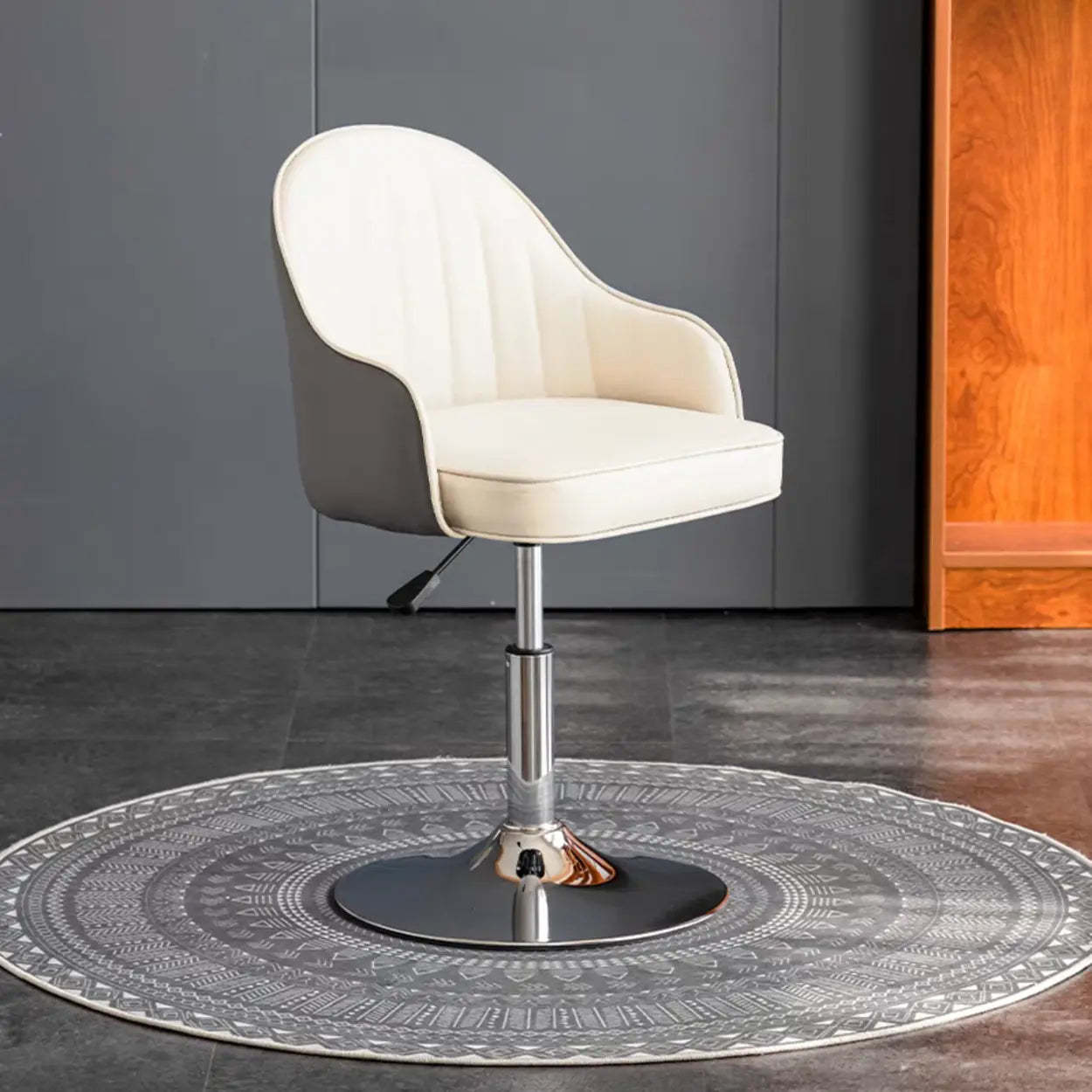 Beige Curved Leather Low-Back Swivel Office Chair