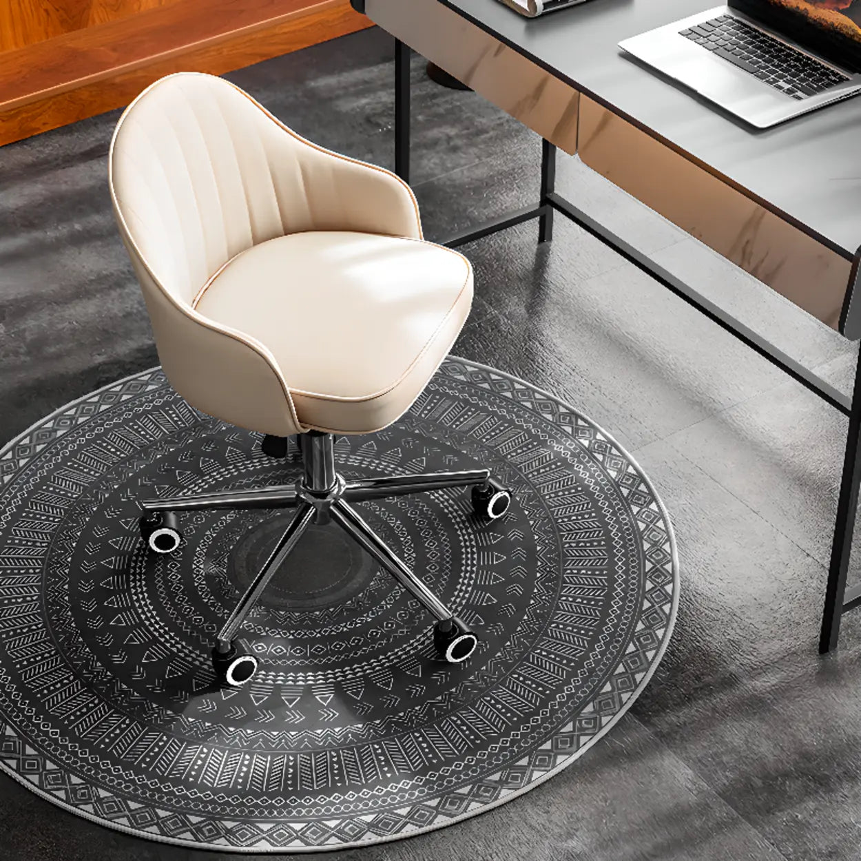 Beige Curved Leather Low-Back Swivel Office Chair — White-Gray / Casters Included / Black