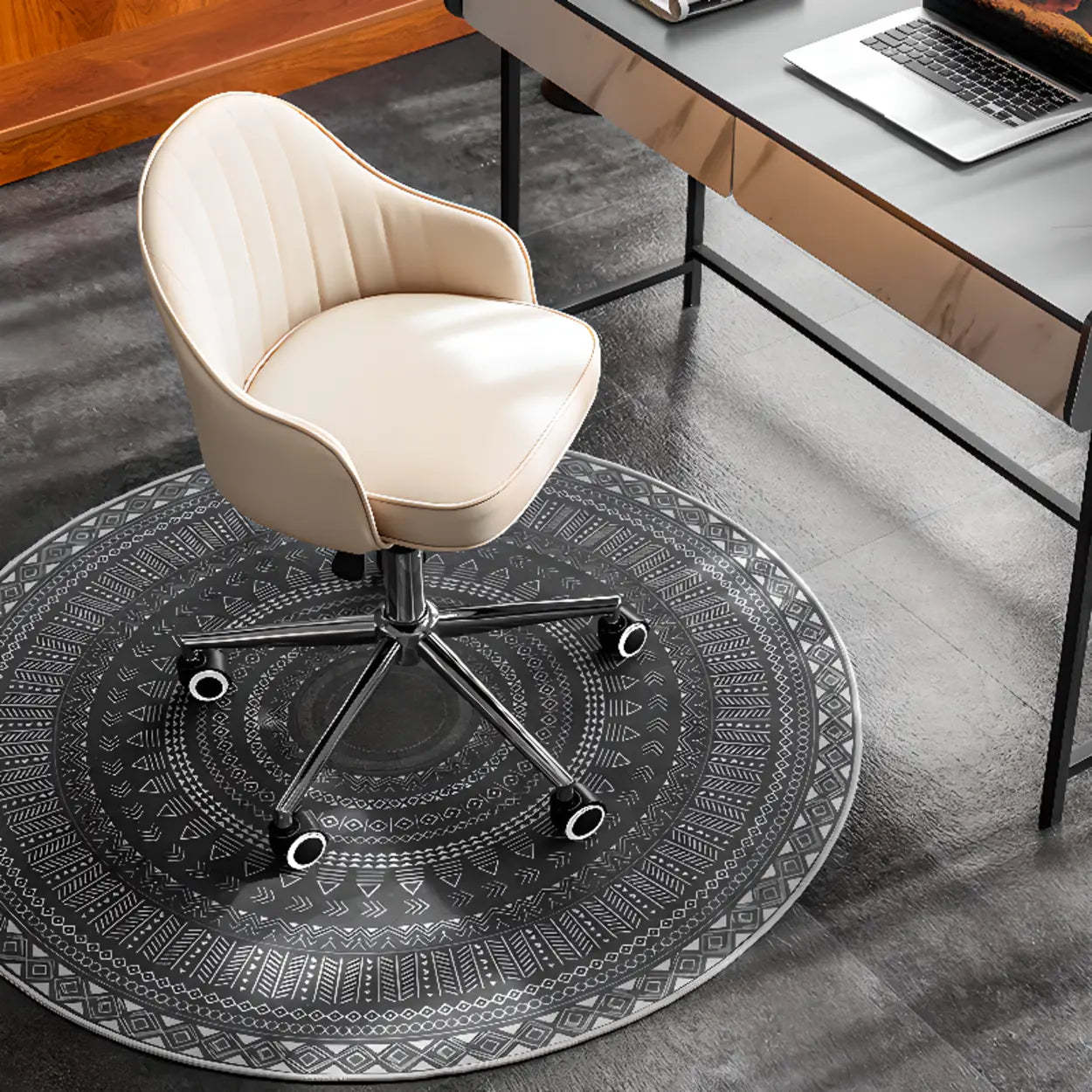 Beige Curved Leather Low-Back Swivel Office Chair — White-Gray / Casters Included / Black