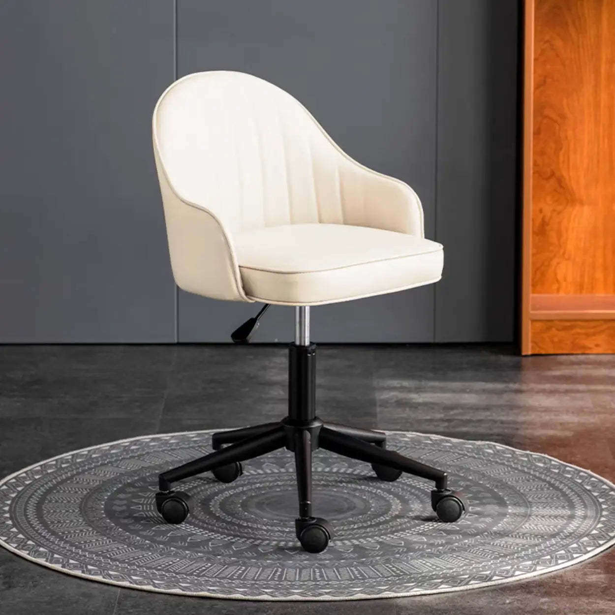 Beige Curved Leather Low-Back Swivel Office Chair — Off-White / Casters Included / Black
