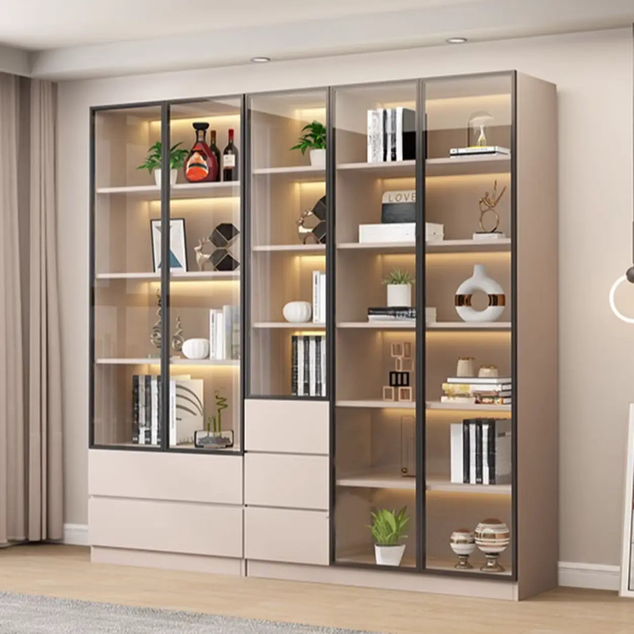 Beige Rectangular Glass Large Display Cabinet