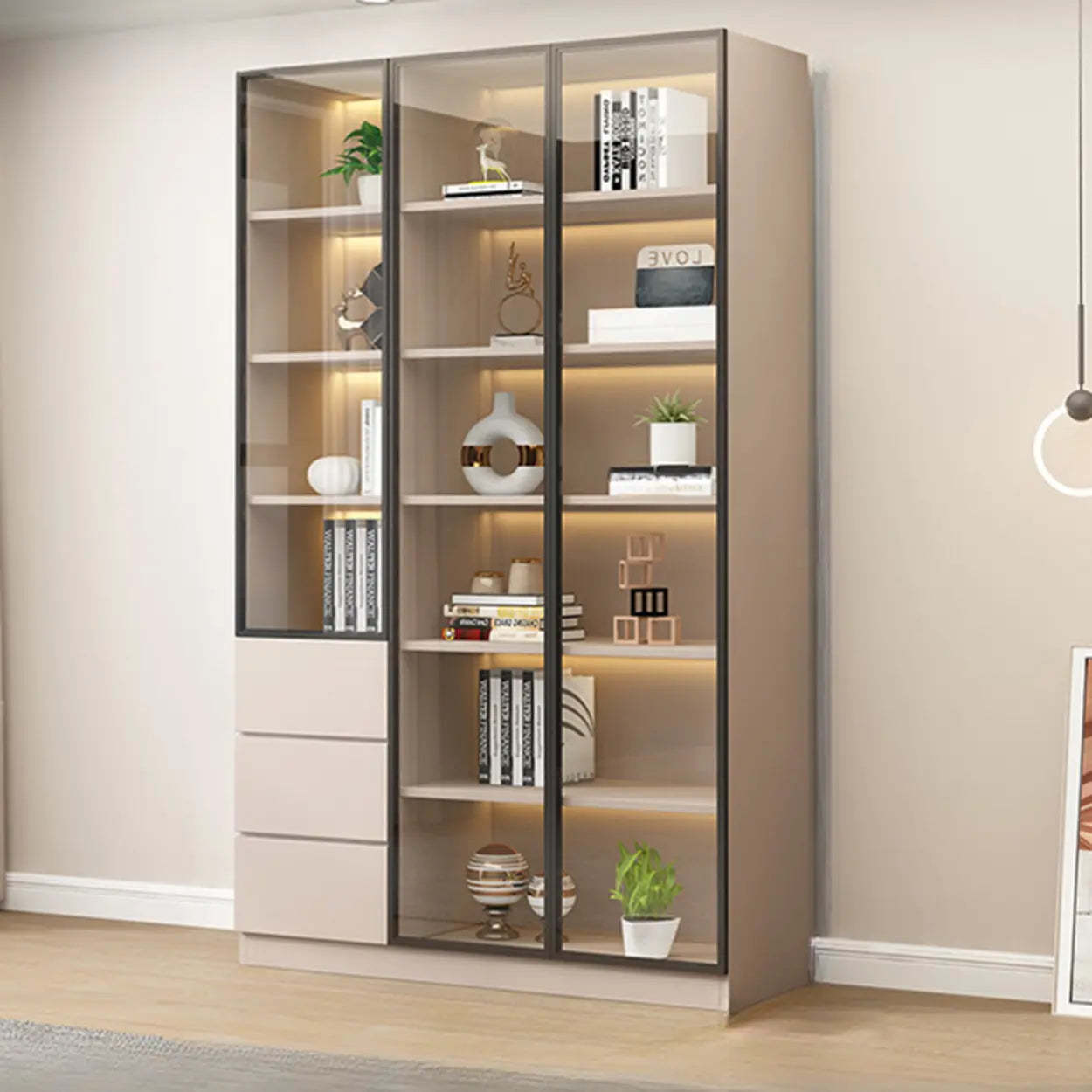 Beige Rectangular Glass Large Display Cabinet