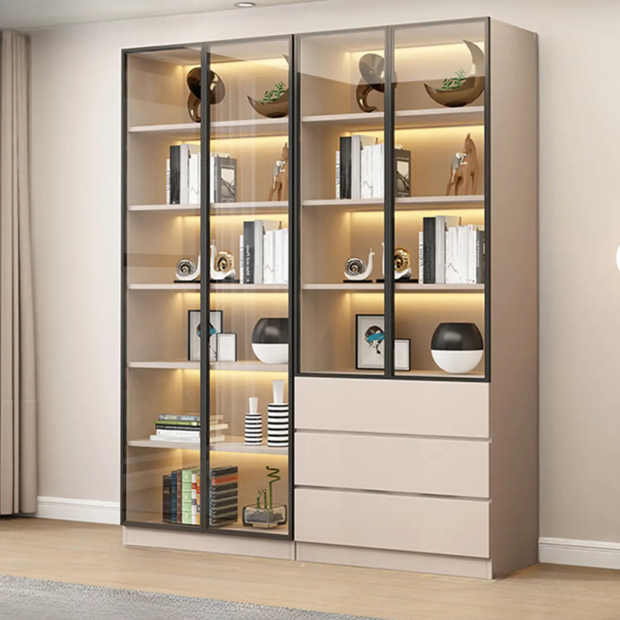 Beige Rectangular Glass Large Display Cabinet
