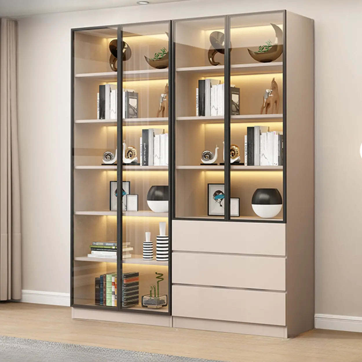 Beige Rectangular Glass Large Display Cabinet