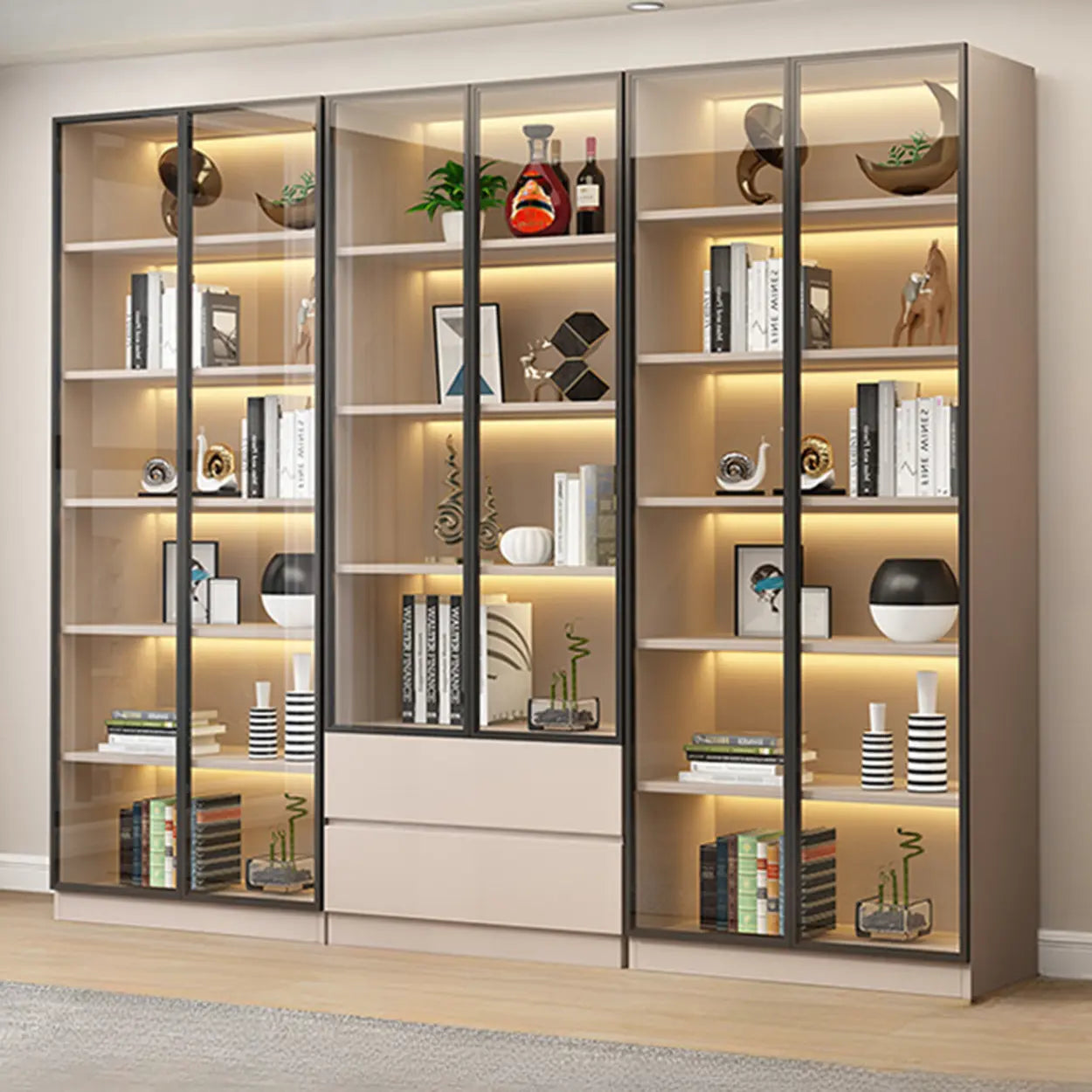 Beige Rectangular Glass Large Display Cabinet