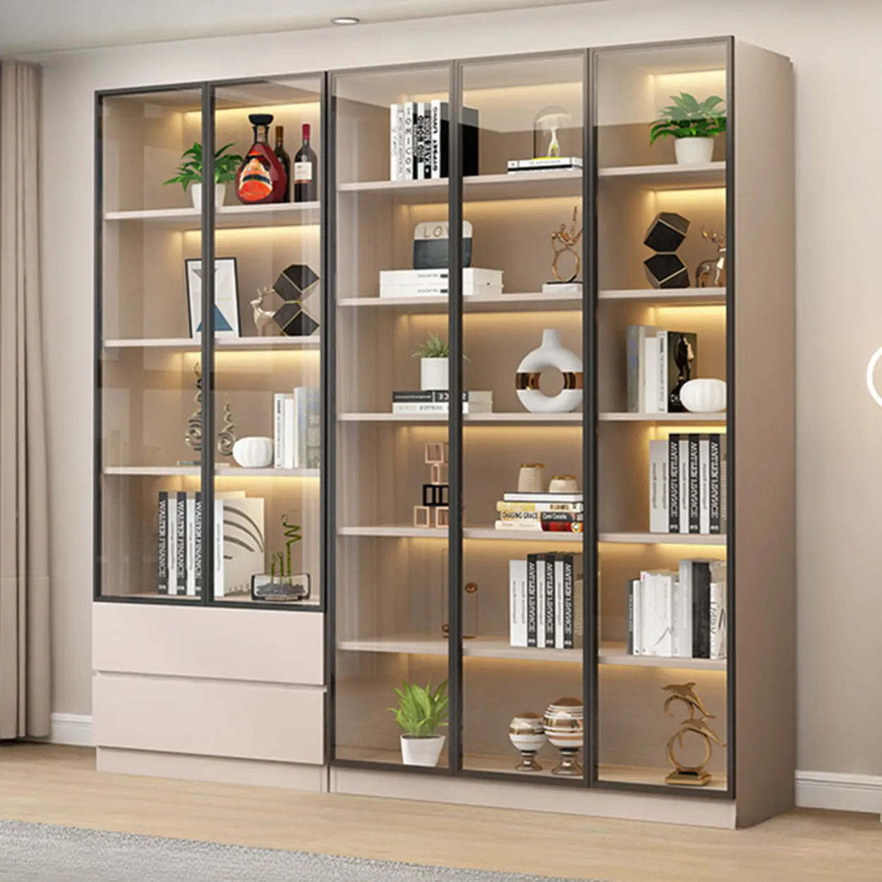 Beige Rectangular Glass Large Display Cabinet