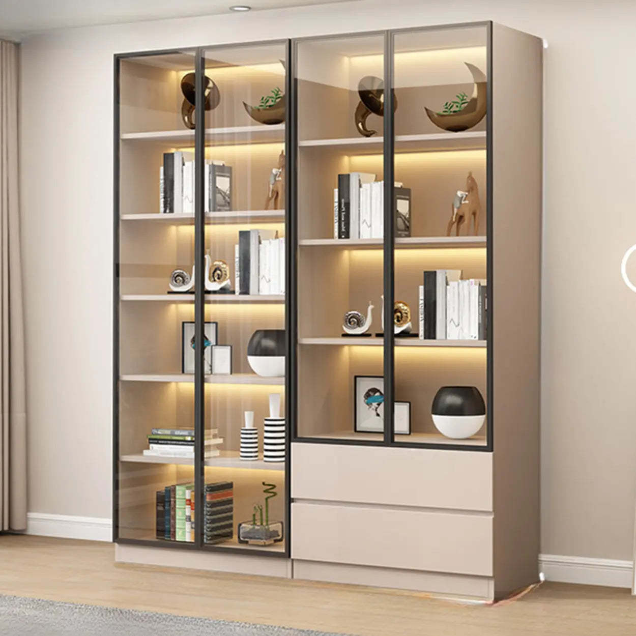 Beige Rectangular Glass Large Display Cabinet