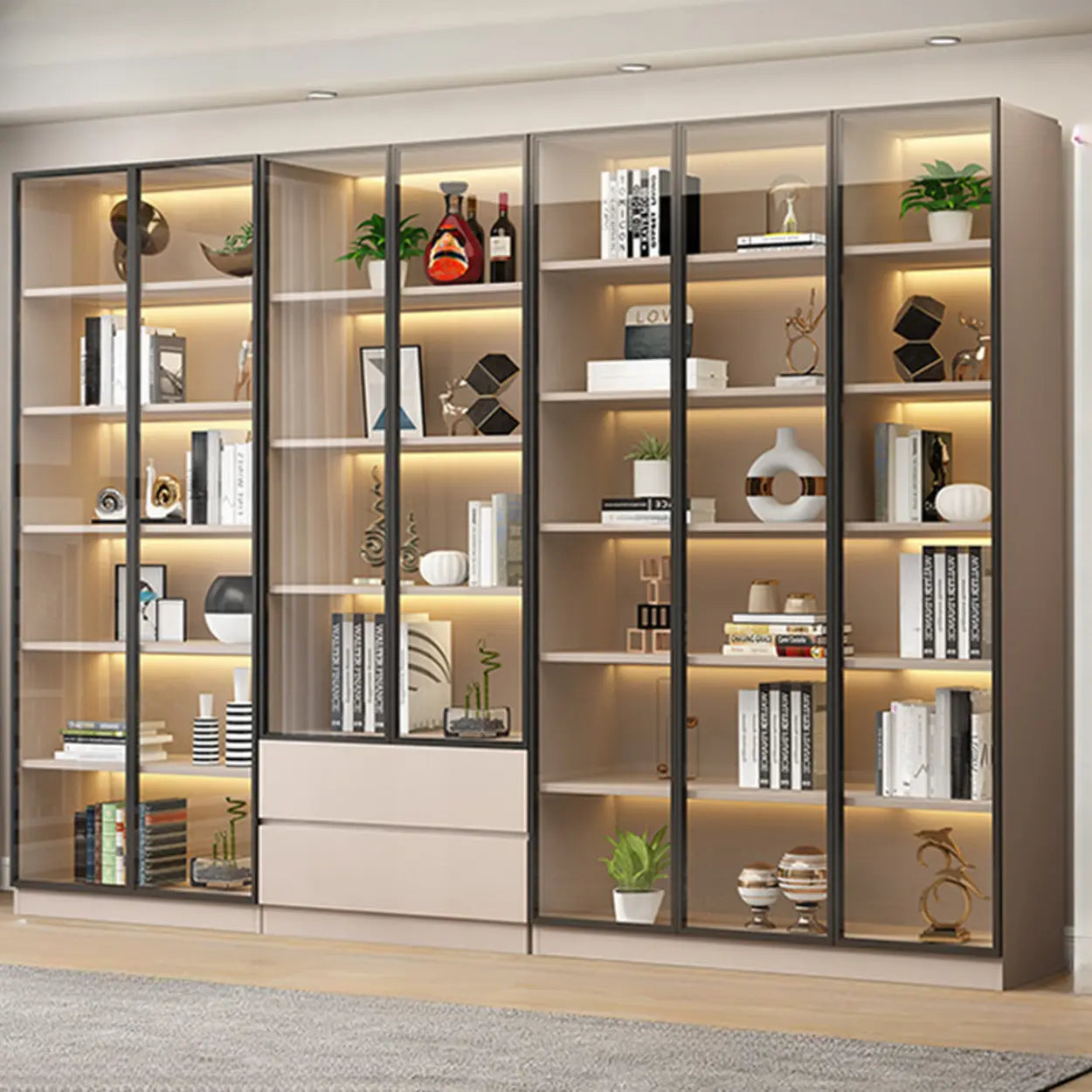 Beige Rectangular Glass Large Display Cabinet