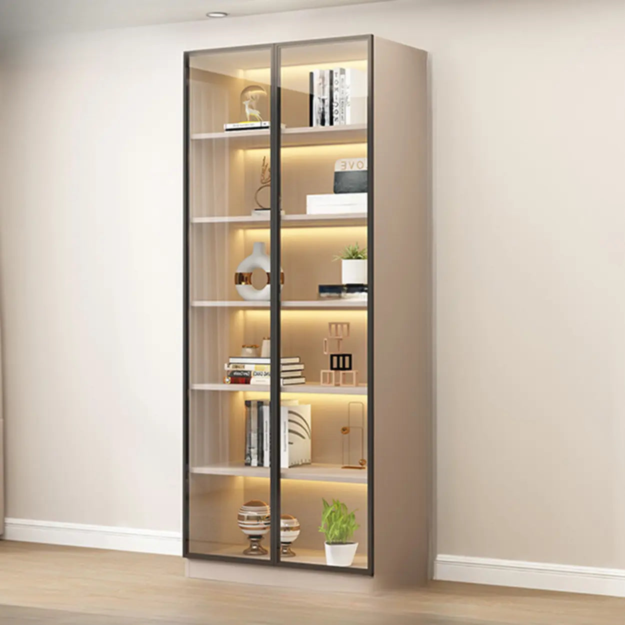 Beige Rectangular Glass Large Display Cabinet — Drawer Not Included