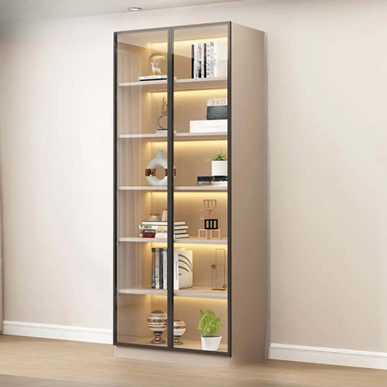 Beige Rectangular Glass Large Display Cabinet — Drawer Not Included
