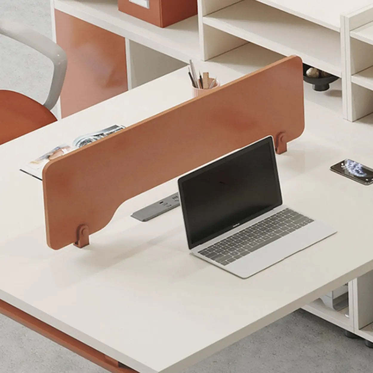 Beige-Red Wood Hutch Shelf T-Shape Writing Desk