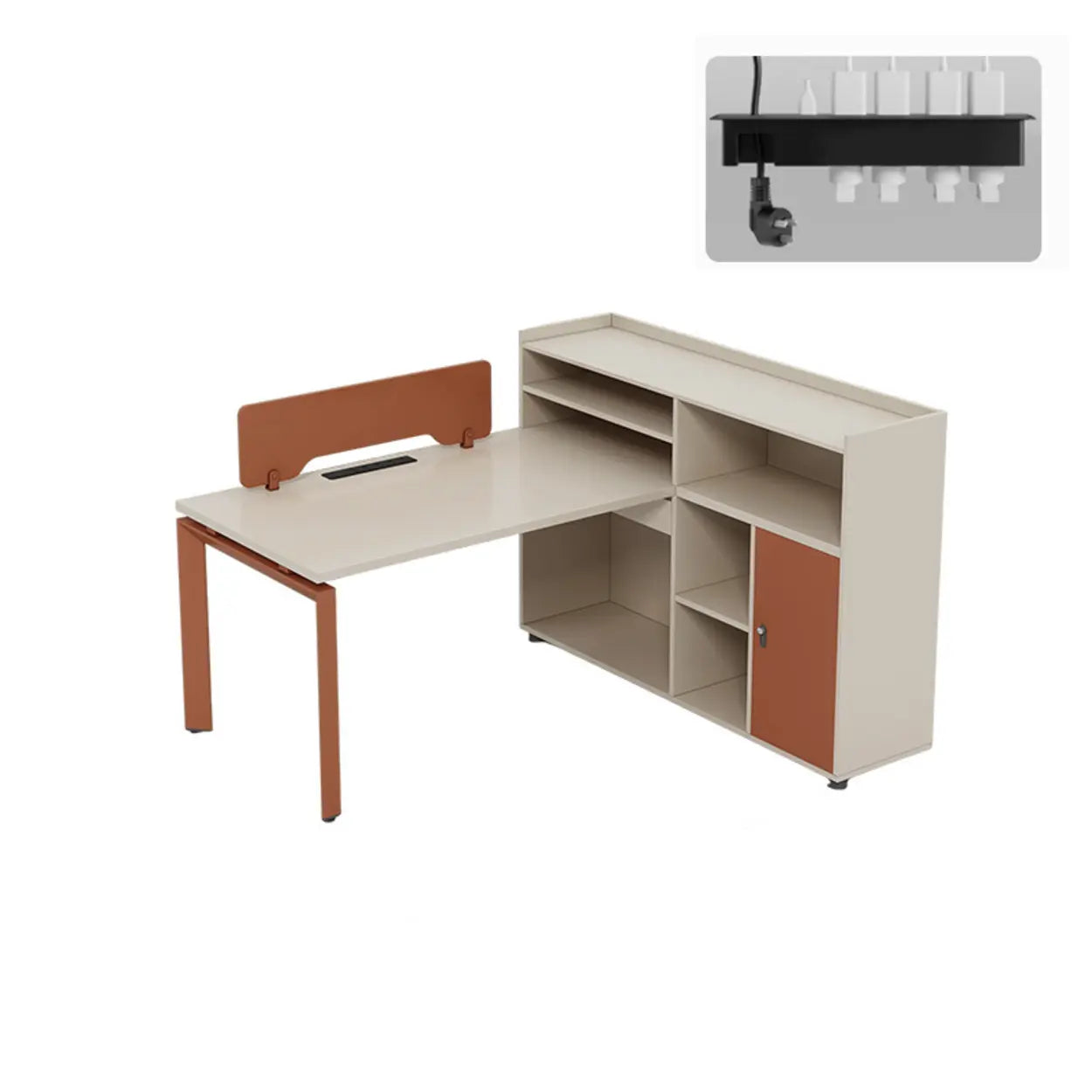 Beige-Red Wood Hutch Shelf T-Shape Writing Desk — White-Black / Table Only