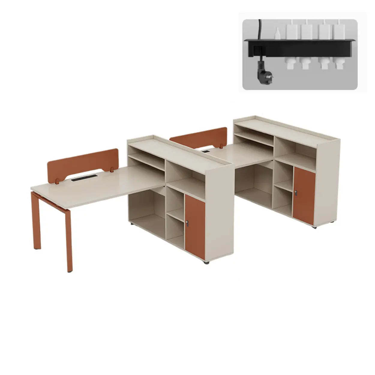 Beige-Red Wood Hutch Shelf T-Shape Writing Desk — Beige/ Red / Table Only