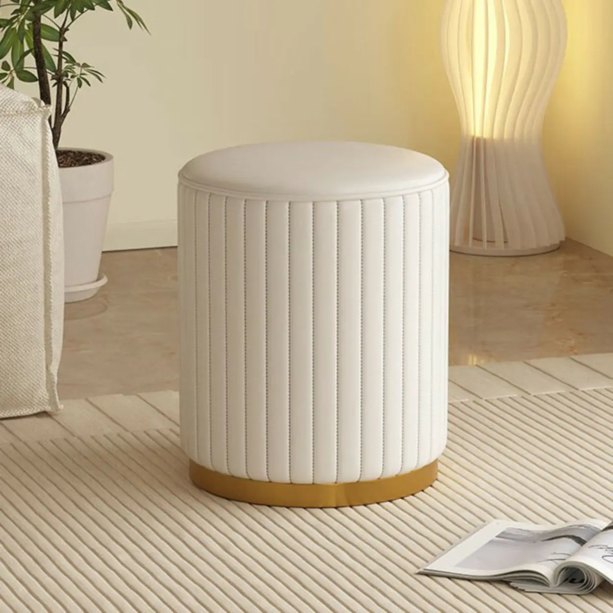 Beige Round Upholstered Wooden Base Vanity Stool
