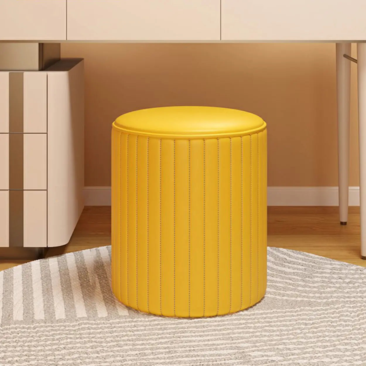 Beige Round Upholstered Wooden Base Vanity Stool — Light Gray