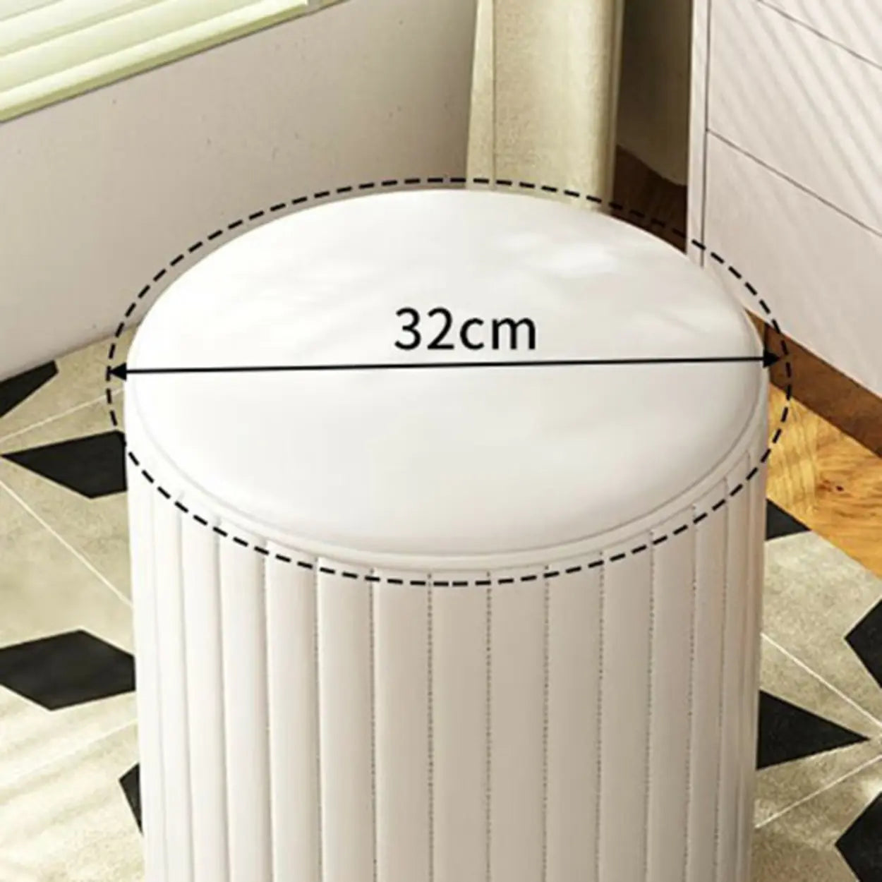 Beige Round Upholstered Wooden Base Vanity Stool