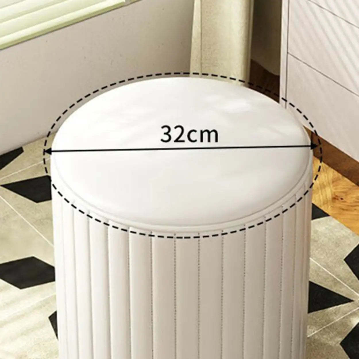 Beige Round Upholstered Wooden Base Vanity Stool