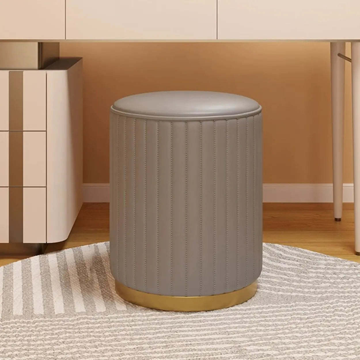 Beige Round Upholstered Wooden Base Vanity Stool