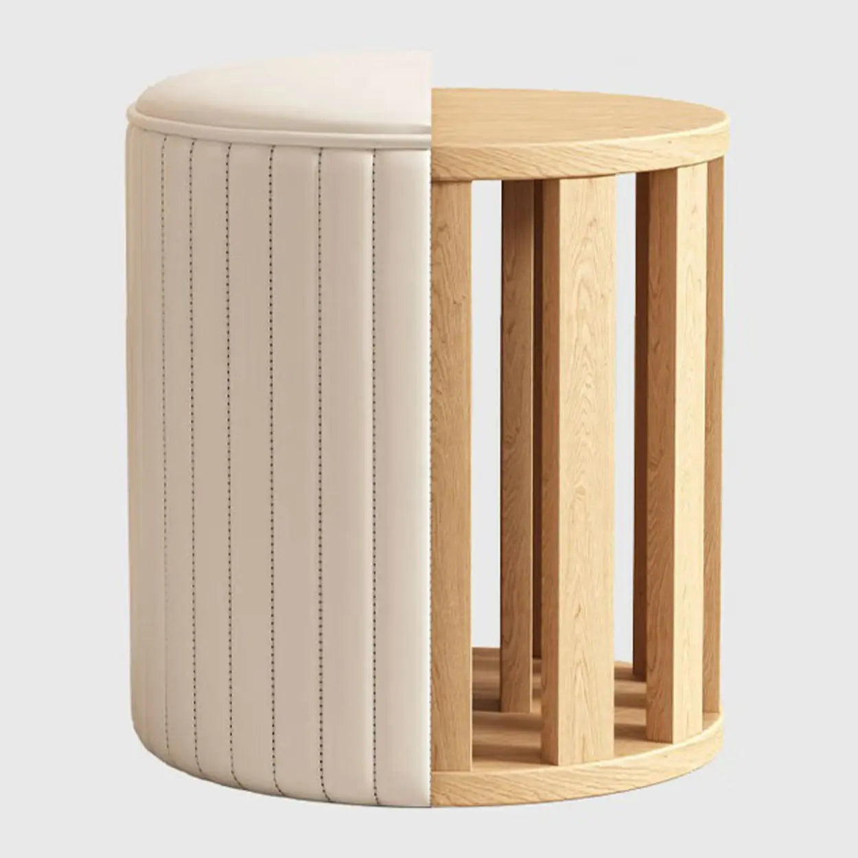 Beige Round Upholstered Wooden Base Vanity Stool