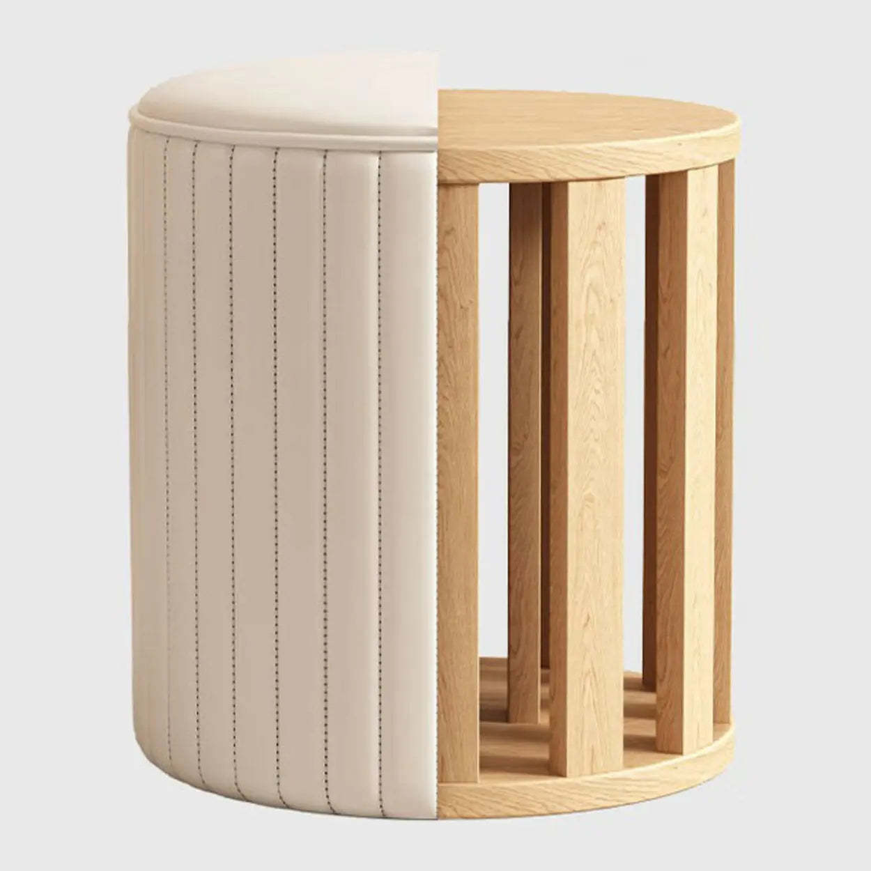 Beige Round Upholstered Wooden Base Vanity Stool