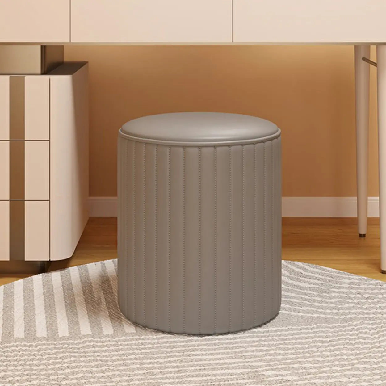 Beige Round Upholstered Wooden Base Vanity Stool — Beige