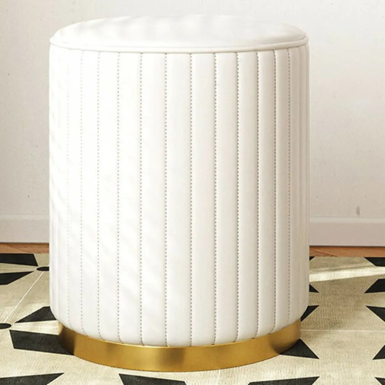Beige Round Upholstered Wooden Base Vanity Stool