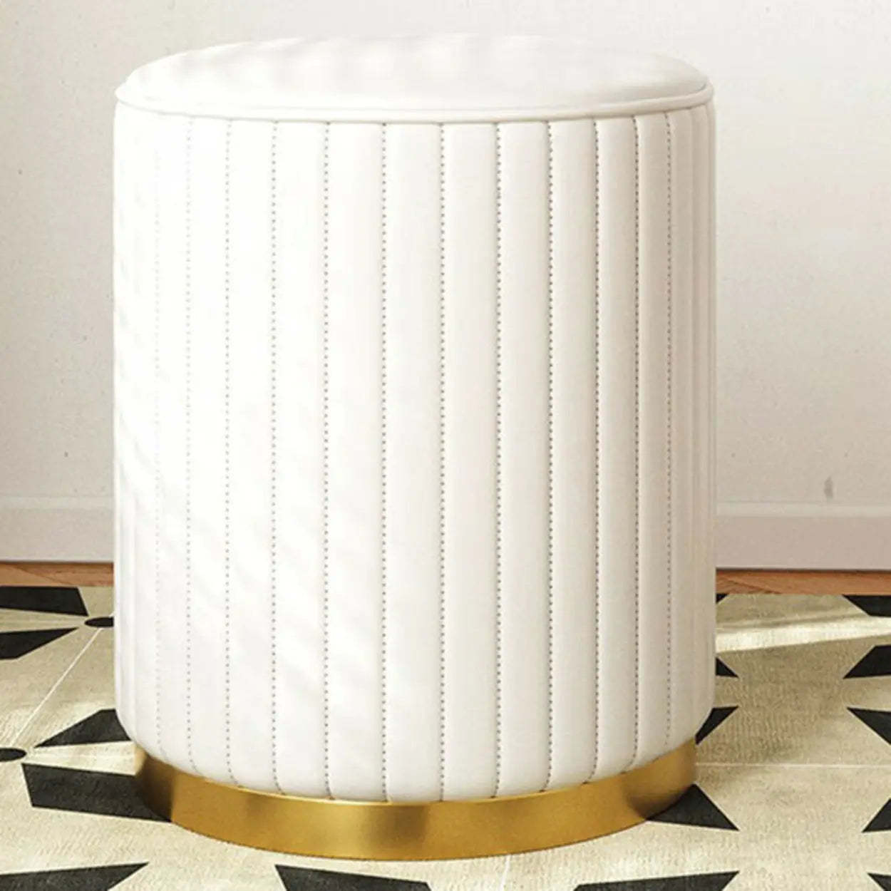 Beige Round Upholstered Wooden Base Vanity Stool