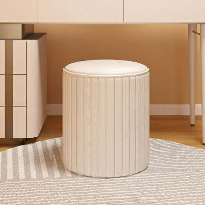 Beige Round Upholstered Wooden Base Vanity Stool — Blackish Green