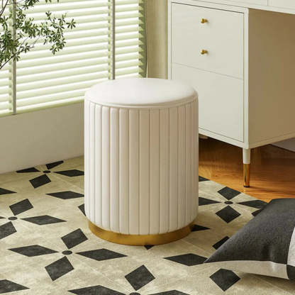 Beige Round Upholstered Wooden Base Vanity Stool — Orange
