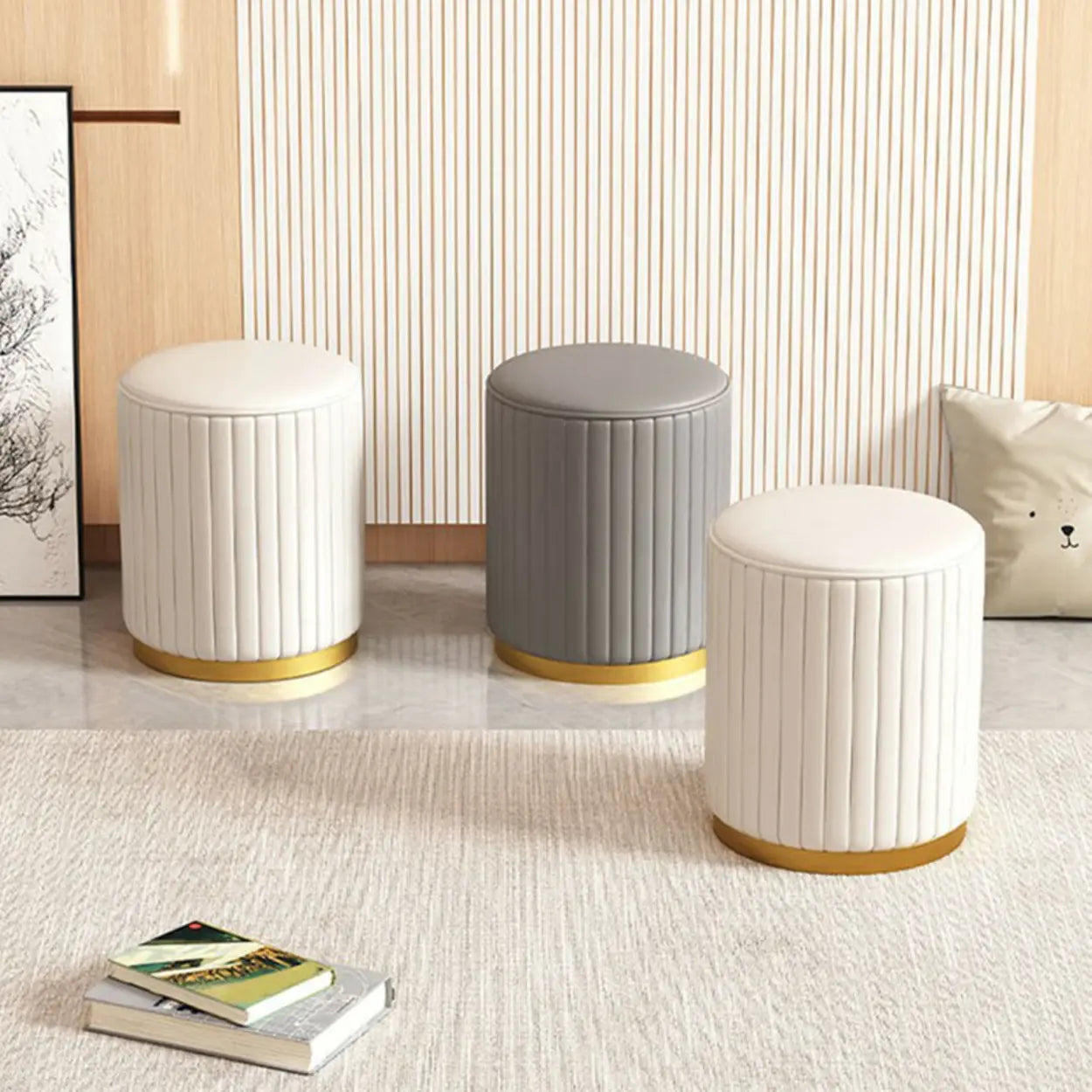 Beige Round Upholstered Wooden Base Vanity Stool — Light Gray