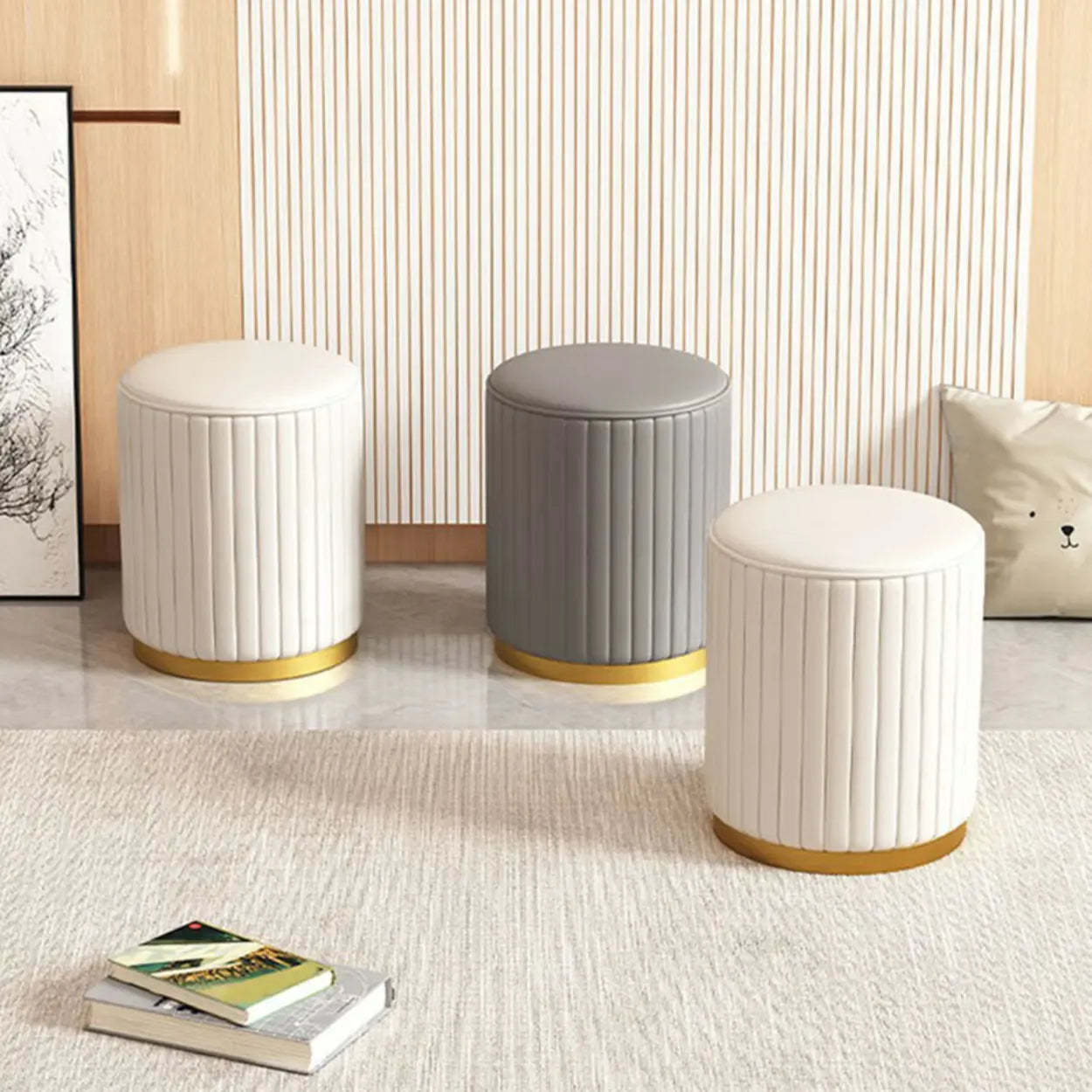 Beige Round Upholstered Wooden Base Vanity Stool — Light Gray