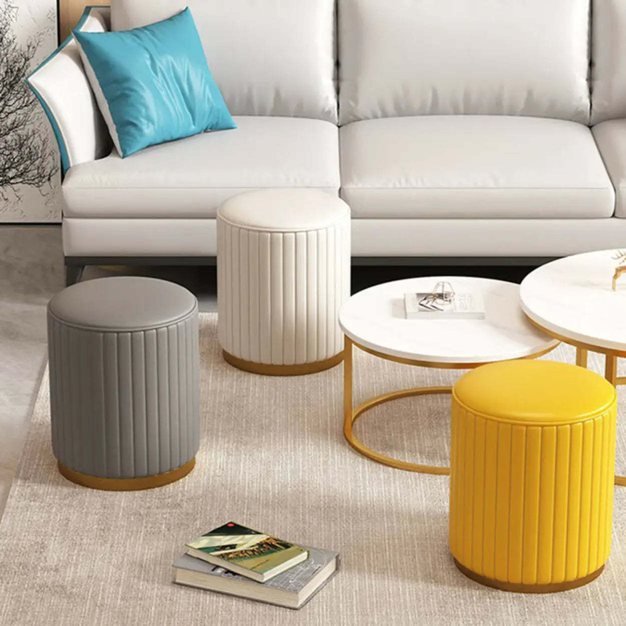 Beige Round Upholstered Wooden Base Vanity Stool — Beige