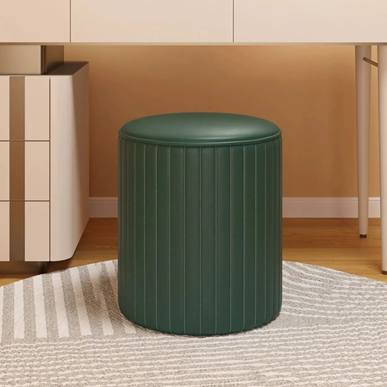 Beige Round Upholstered Wooden Base Vanity Stool — Blackish Green