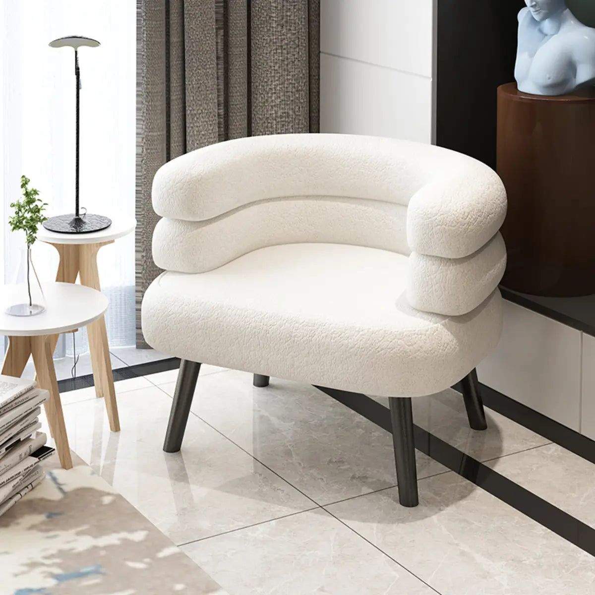 Beige Sherpa Curved Back Accent Chair with Arms