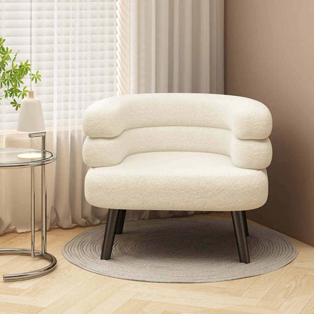Beige Sherpa Curved Back Accent Chair with Arms — Khaki / Sherpa