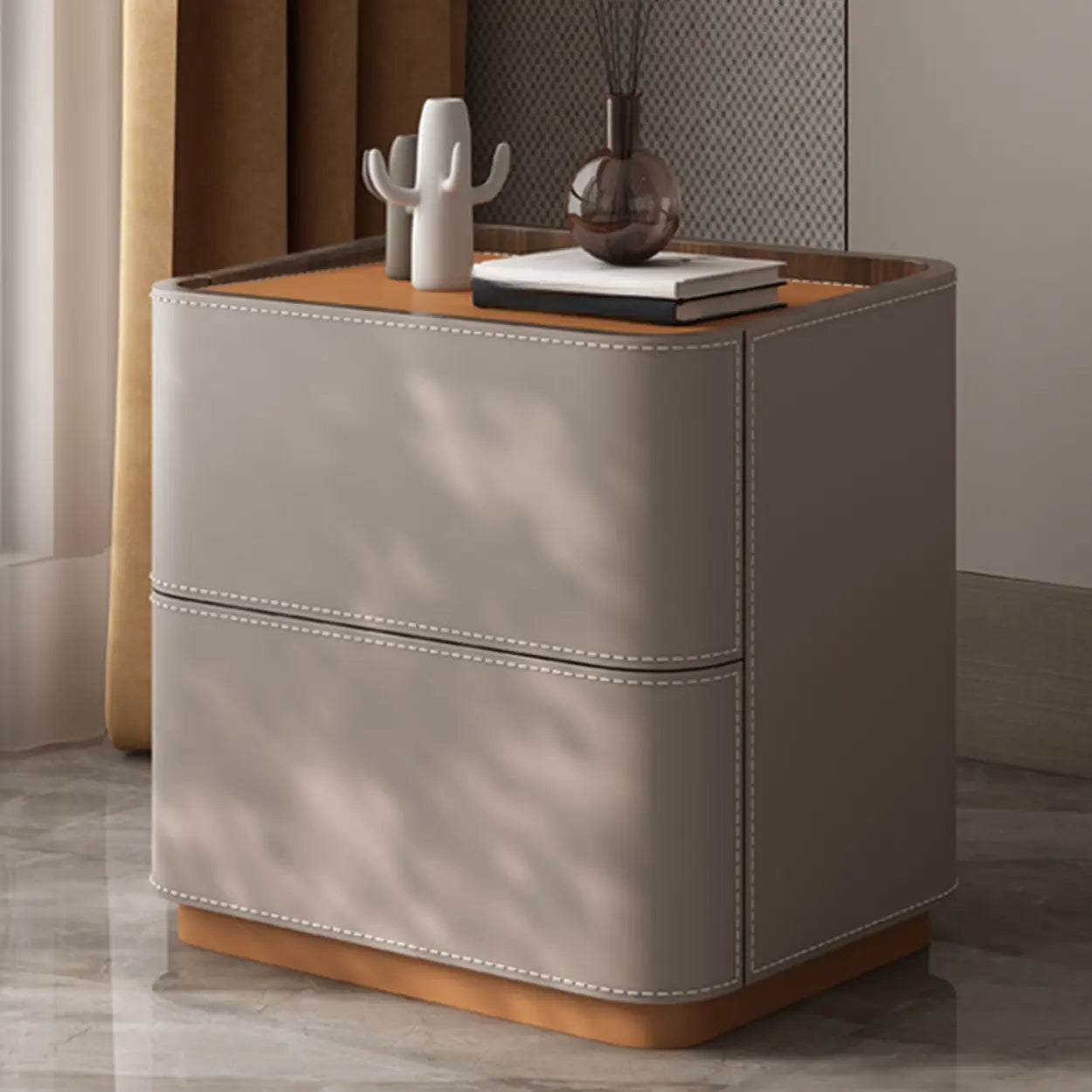 Beige Rounded Faux Leather Nightstand