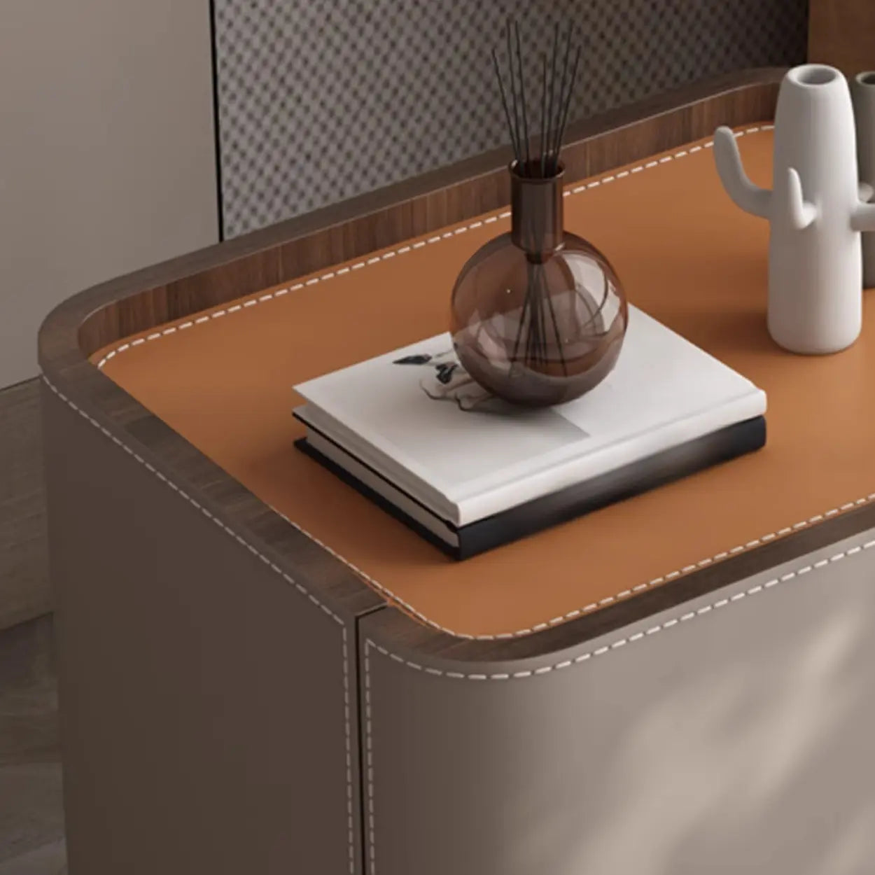 Beige Rounded Faux Leather Nightstand