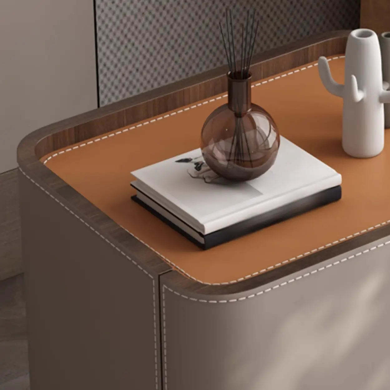 Beige Rounded Faux Leather Nightstand