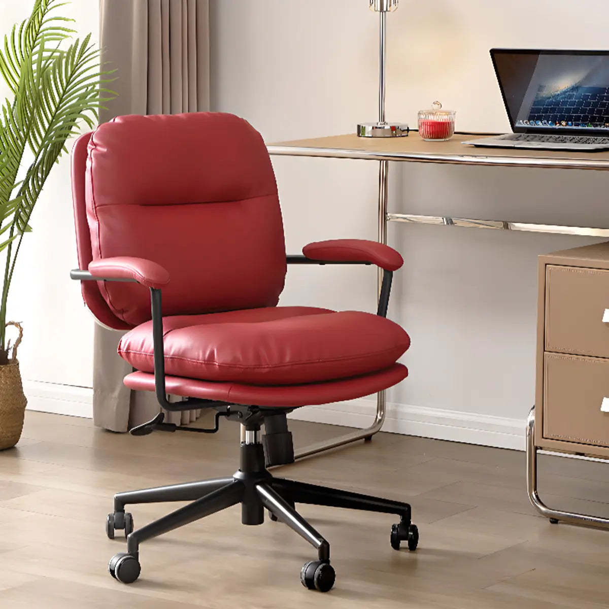 Beige Swivel Ergonomic Leather Office Chair — White