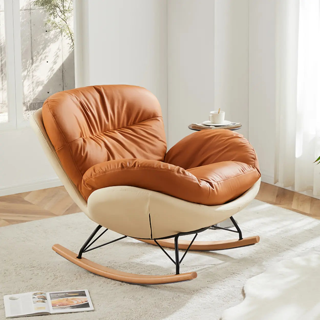 Beige Flared-Arm Wood Leg Rocking Chair — White-Brown
