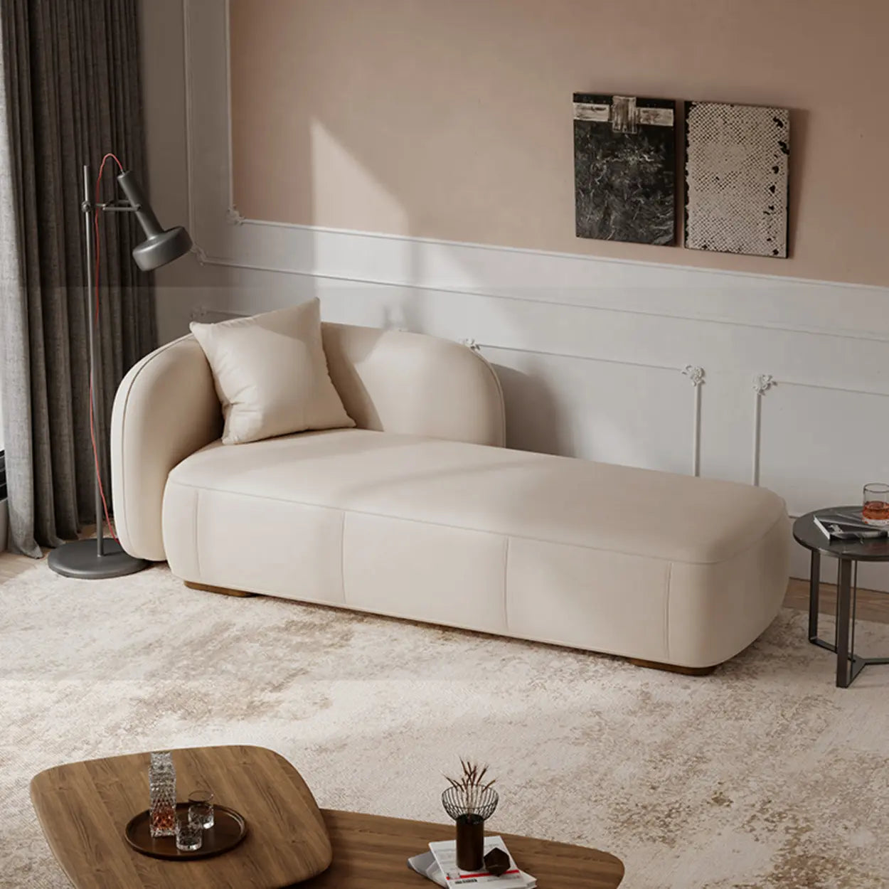 Beige Velvet Rectangular Left-Arm Chaise with Pillow