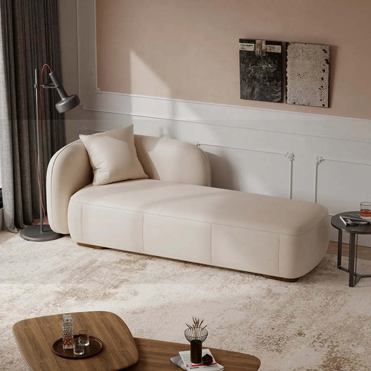 Beige Velvet Rectangular Left-Arm Chaise with Pillow — Faux Leather / Gray