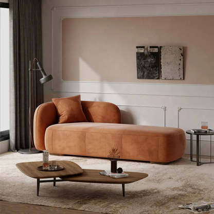 Beige Velvet Rectangular Left-Arm Chaise with Pillow — Faux Leather / Orange