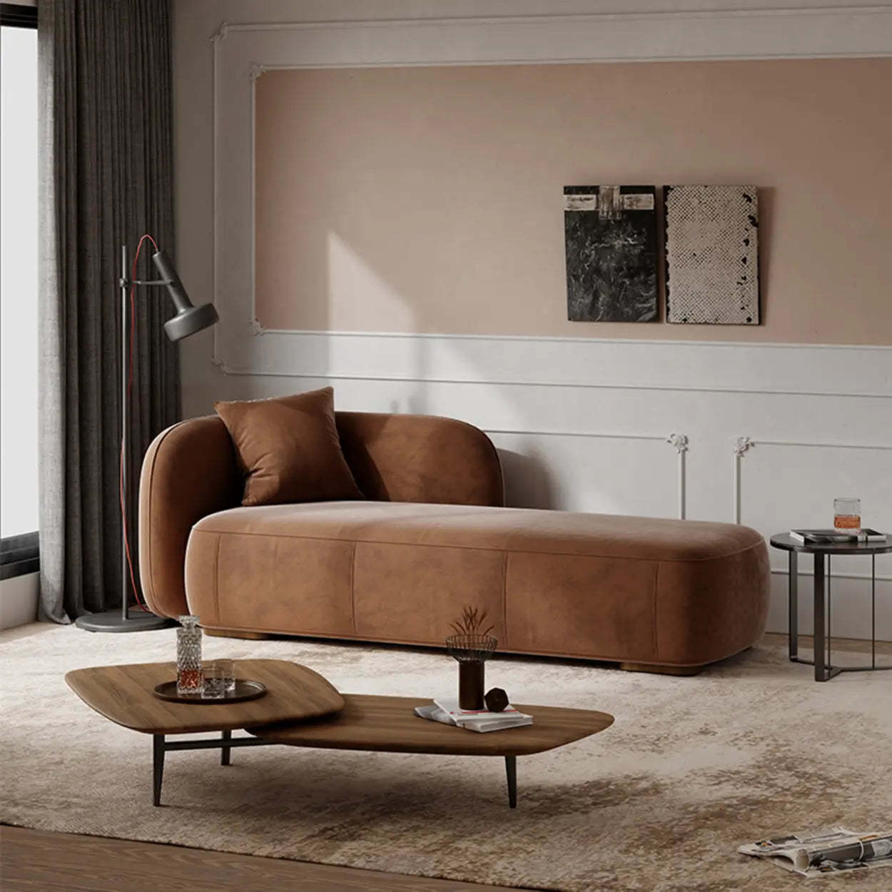 Beige Velvet Rectangular Left-Arm Chaise with Pillow — Faux Leather / Apricot