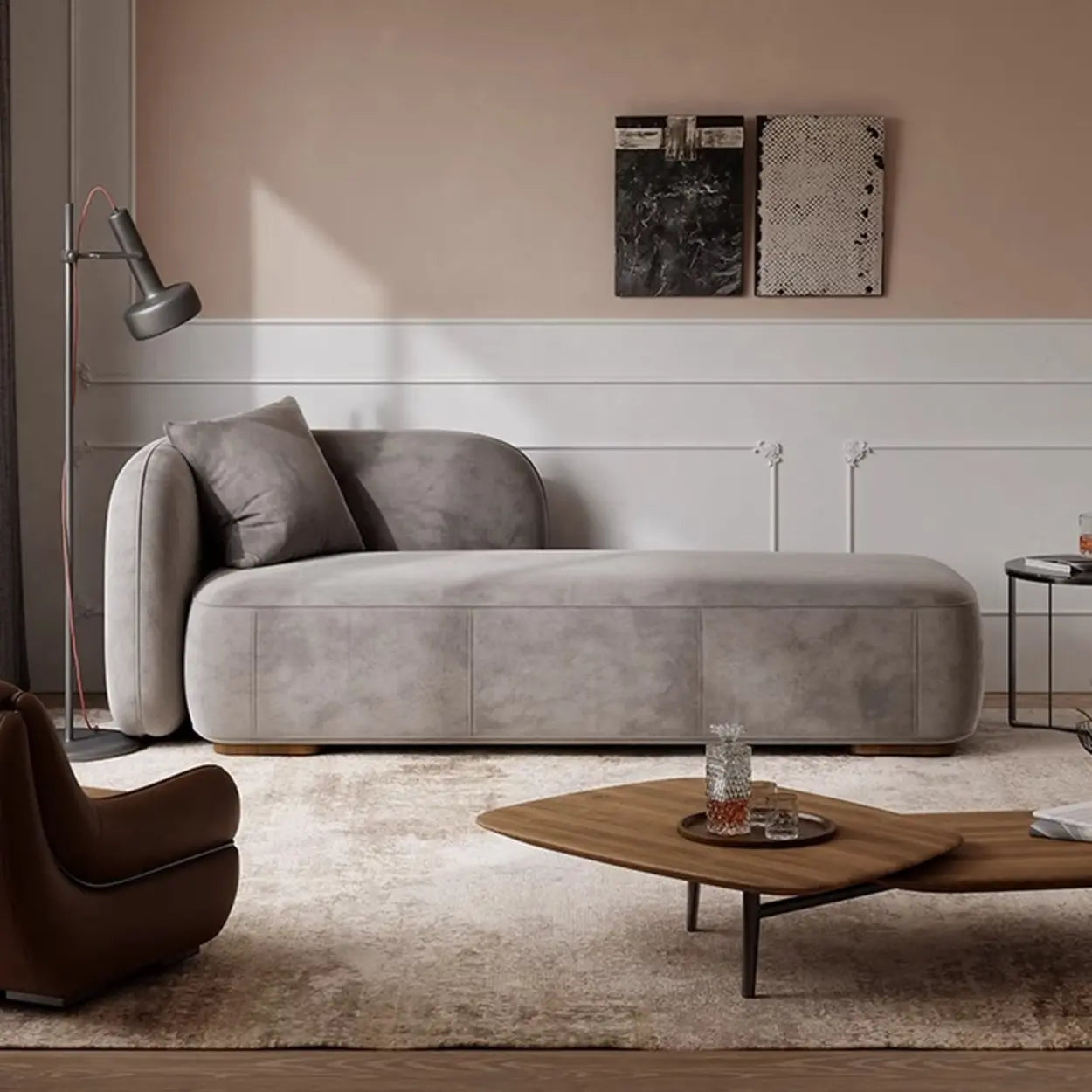 Beige Velvet Rectangular Left-Arm Chaise with Pillow — Flannel / Beige