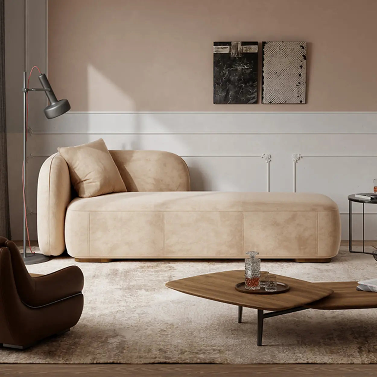 Beige Velvet Rectangular Left-Arm Chaise with Pillow — Flannel / Coffee