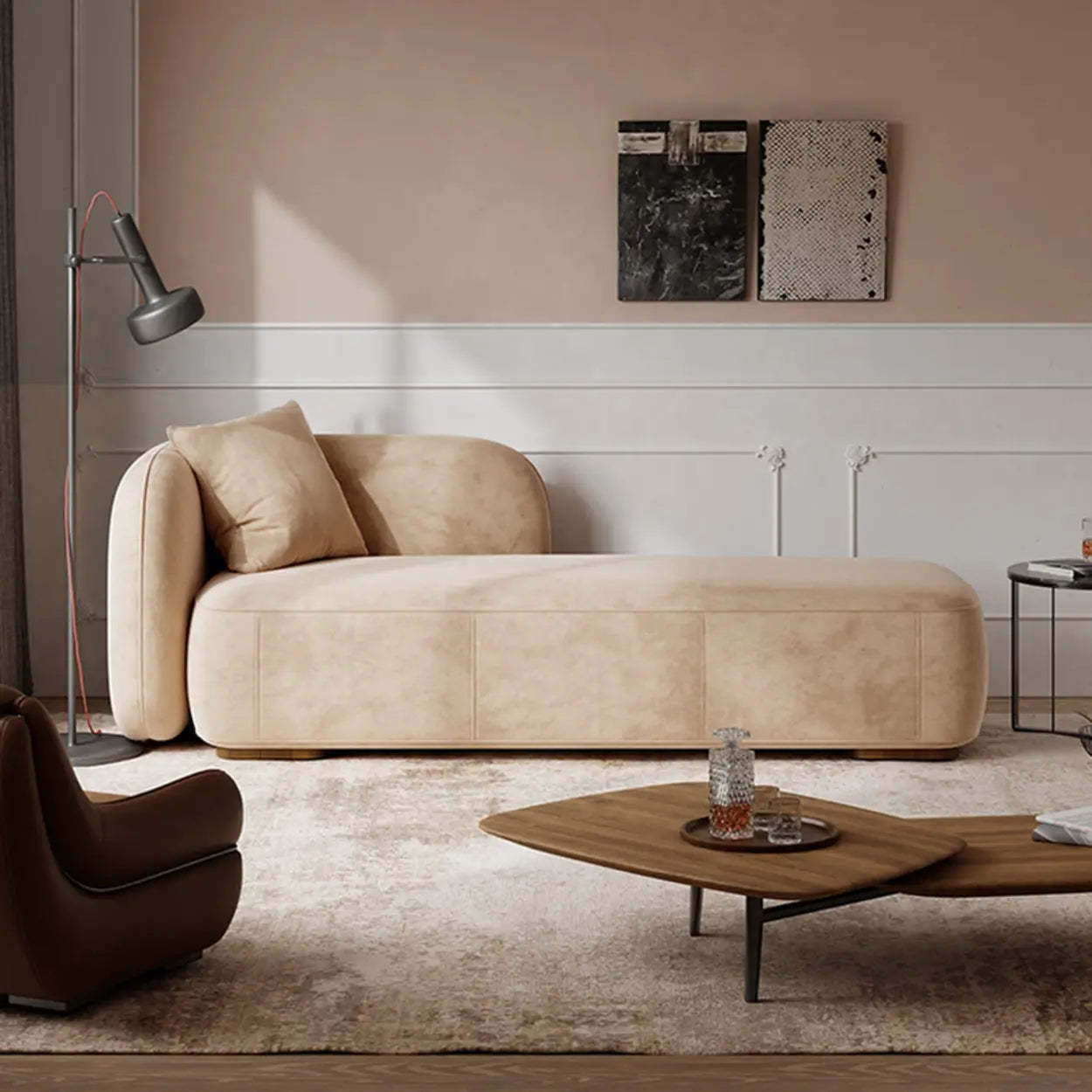 Beige Velvet Rectangular Left-Arm Chaise with Pillow — Flannel / Coffee